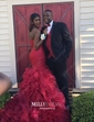 Mermaid Strapless Tulle Ruffle Tiered Prom Dresses With Ruched
