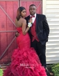 Mermaid Strapless Tulle Ruffle Tiered Prom Dresses With Ruched