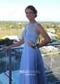 A-line Sweep Train Scoop Neck Chiffon Tulle Beading Prom Dresses