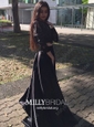 Ball Gown Illusion Lace Satin Long Sleeves Two Piece Prom Dresses