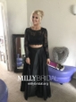 Ball Gown Illusion Lace Satin Long Sleeves Two Piece Prom Dresses