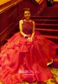 Ball Gown Scoop Neck Tulle Ruffle Tiered Prom Dresses With Beading