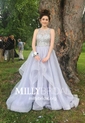 Ball Gown Scoop Neck Tulle Ruffle Tiered Prom Dresses With Beading