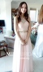 A-line Sweep Train Scoop Neck Chiffon Tulle Beading Prom Dresses