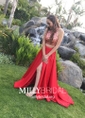 A-line High Neck Silk-like Satin Sweep Train Beading Prom Dresses