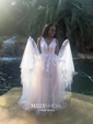 Ball Gown V-neck Tulle Prom Dresses With Appliques