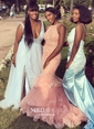 Mermaid V-neck Backless Satin Prom Dresses With Appliques