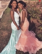 Mermaid V-neck Backless Satin Prom Dresses With Appliques
