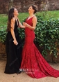Black A-line V-neck Floor-length Tulle Prom Dresses With Split