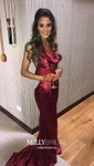 Sheath/Column Cowl Neck Backless Satin Prom Dresses
