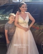 Ball Gown V-neck Floor-length Tulle Prom Dresses With Appliques