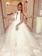Black Ball Gown High Neck Tulle Backless Cut Out Prom Dresses