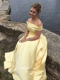 Princess Off-the-shoulder Satin Sweep Train Pockets Prom Dresses