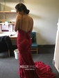 Burgundy Mermaid V-neck Lace Backless Prom Dresses