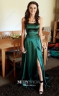 A-line Sweep Train Scoop Neck Silk-like Satin Pockets Prom Dresses