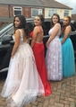 Ball Gown V-neck Floor-length Tulle Prom Dresses With Appliques