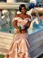 Trumpet/Mermaid Off-the-shoulder Satin Sweep Train Prom Dresses