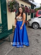 Ball Gown V-neck Backless Satin Prom Dresses With Beading