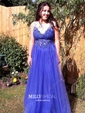 Princess V-neck Tulle Floor-length Beading Prom Dresses