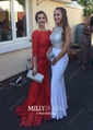 Red Mermaid Illusion Backless Tulle Prom Dresses With Appliques