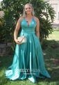 Ball Gown/Princess Sweep Train V-neck Satin Pockets Prom Dresses