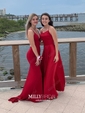 Sheath/Column Sweep Train V-neck Jersey Ruffles Prom Dresses