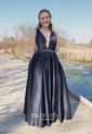 A-line V-neck Satin Floor-length Ruffles Prom Dresses