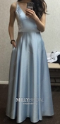 Ball Gown/Princess Sweep Train V-neck Satin Pockets Prom Dresses