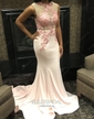 Trumpet/Mermaid Scoop Neck Jersey Sweep Train Appliques Lace Prom Dresses