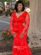 Trumpet/Mermaid V-neck Tulle Sweep Train Appliques Lace Prom Dresses