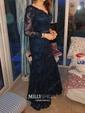 Dark Navy Lace V-neck Trumpet/Mermaid New Long Sleeves Prom Dress