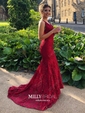 Burgundy Mermaid V-neck Lace Backless Prom Dresses