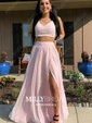 A-line Floor-length V-neck Silk-like Satin Lace Prom Dresses