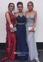 Burgundy Mermaid V-neck Lace Modest Prom Dresses