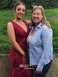 Burgundy Mermaid V-neck Lace Modest Prom Dresses
