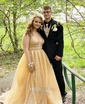 Ball Gown/Princess Sweep Train V-neck Glitter Beading Prom Dresses