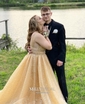 Ball Gown V-neck Sequined Sweep Train Beading Prom Dresses