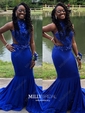 Trumpet/Mermaid High Neck Jersey Sweep Train Beading Prom Dresses