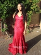 Burgundy Mermaid V-neck Lace Backless Prom Dresses