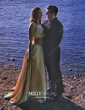 A-line Square Neckline Satin Sweep Train Pockets Prom Dresses