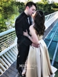 A-line Square Neckline Satin Sweep Train Pockets Prom Dresses