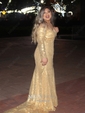 Mermaid Off-the-shoulder Sparkly Sequin Prom Dresses With Long Sleeves