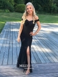 Black Sheath/Column Off-the-shoulder Satin Modest Prom Dresses