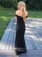Black Sheath/Column Off-the-shoulder Satin Modest Prom Dresses