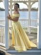 Princess Off-the-shoulder Satin Sweep Train Pockets Prom Dresses