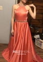 Princess Halter Satin Sweep Train Beading Prom Dresses