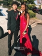 Burgundy Mermaid V-neck Lace Backless Prom Dresses