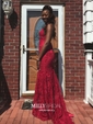 Burgundy Mermaid V-neck Lace Backless Prom Dresses