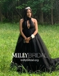 Black Ball Gown High Neck Tulle Backless Cut Out Prom Dresses