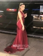 Burgundy Mermaid V-neck Satin Cut Out Prom Dresses